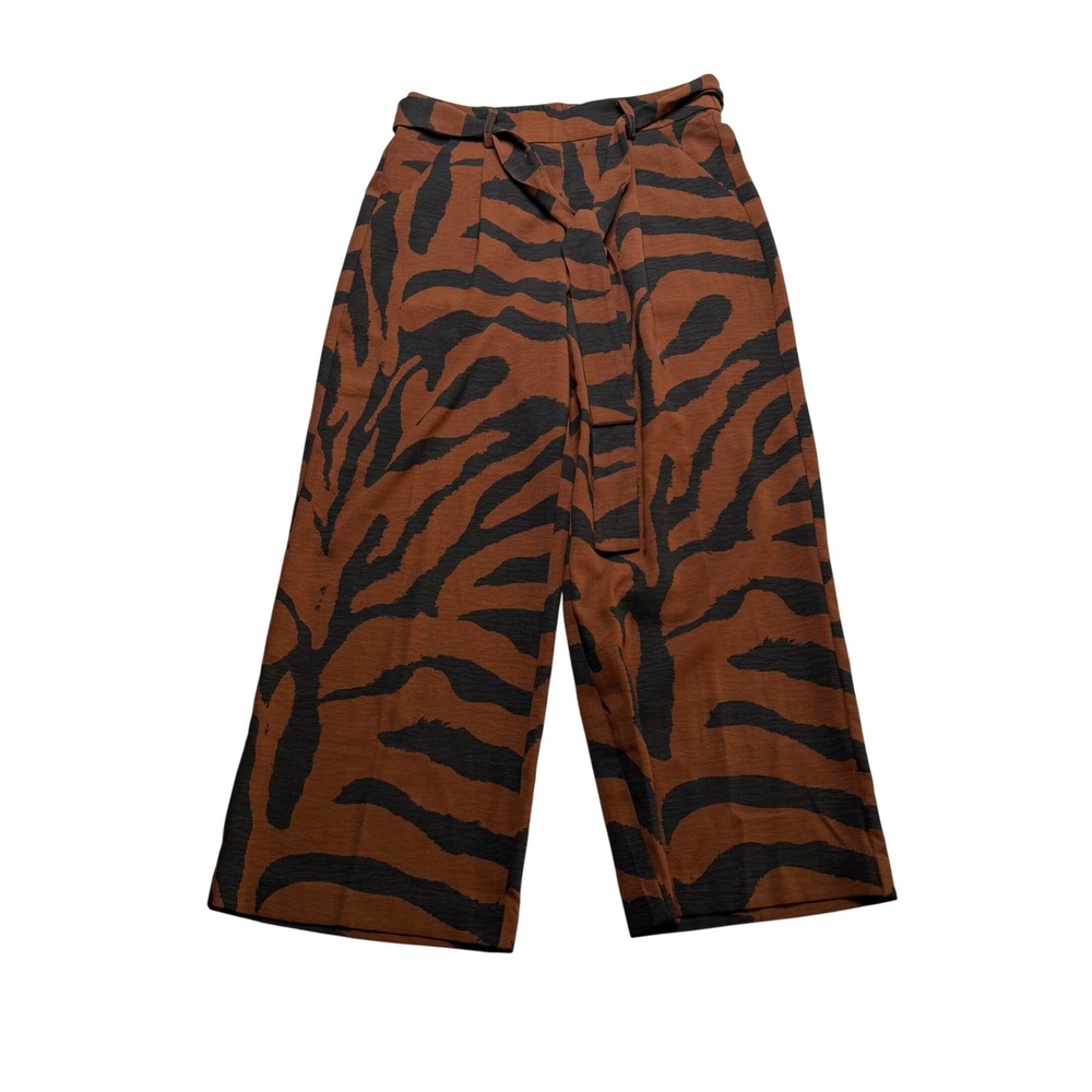 C BY ONE Pants Brown Tiger Print Wide Leg Tie Waist Women's Size Small Bold
